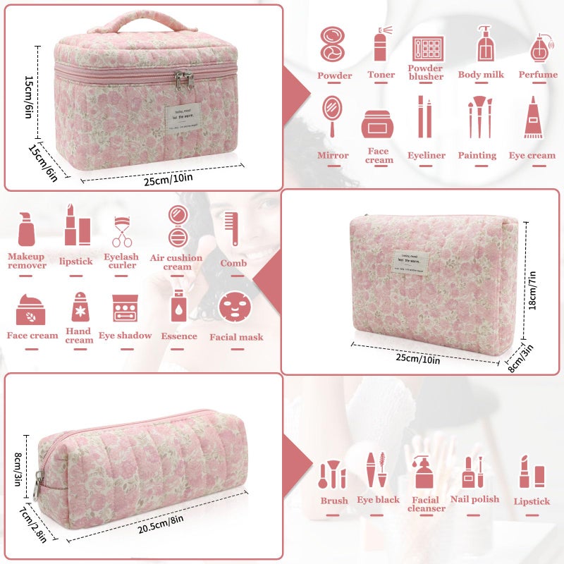 Gosect 3pc Makeup Bag Set  Quilted Makeup Bag Set  Large Floral Cosmetic Bag for Women  Cute Cotton Makeup Bags  Flower Travel Toiletry Organizer Bag (Pink Crushed flower) - Image 2